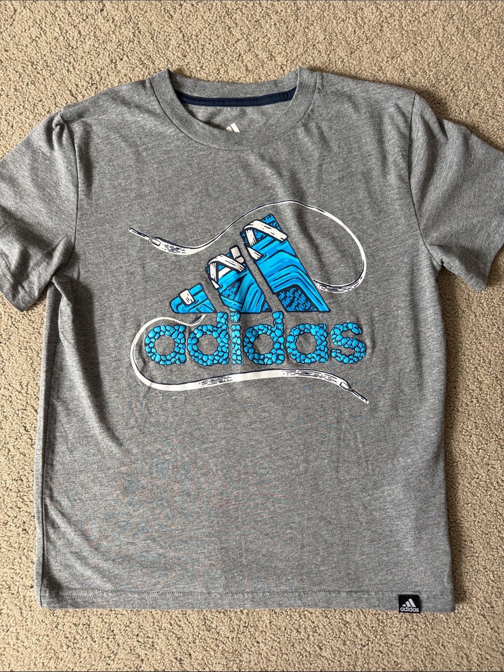 adidas Gray Tee with Bright Blue Graphic Sneaker Logo